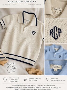 RCP embroidered Cream & Navy Boys' Polo Sweaters